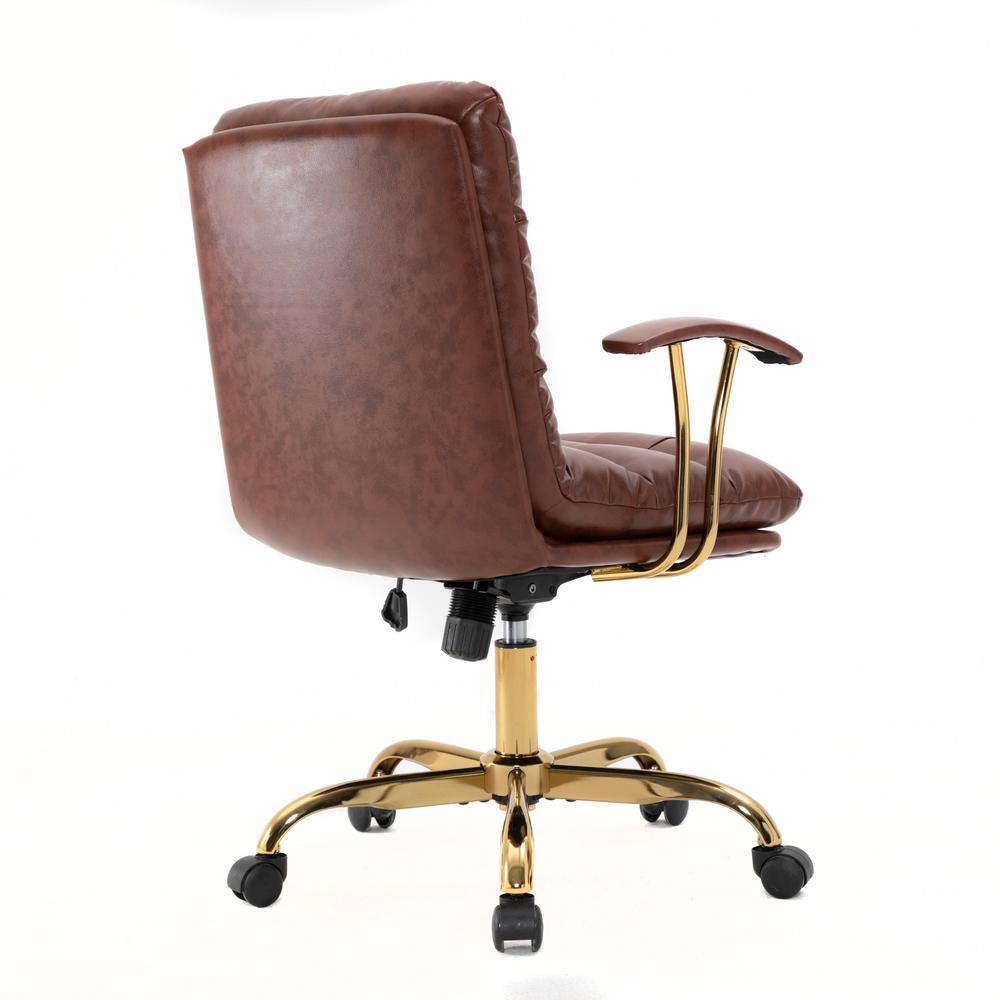 Walnut Brown Leather Executive Swivel Office Chair with Gold Base