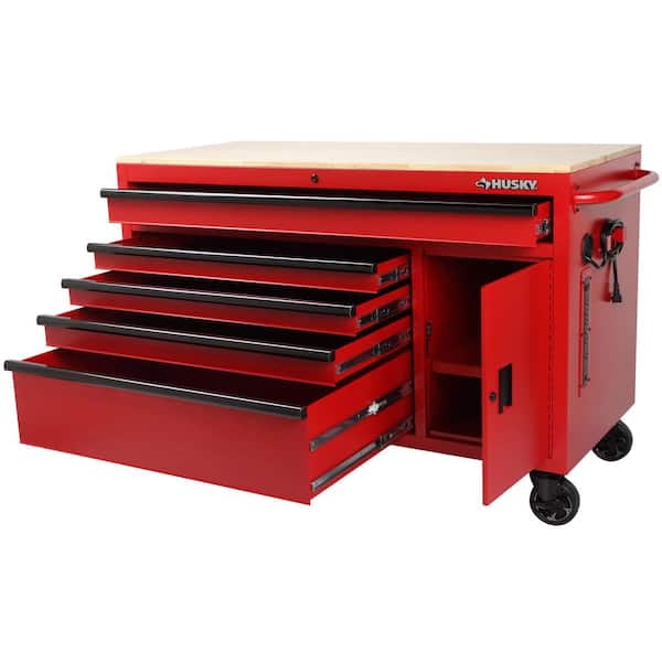 56 in. W 5-Drawer 1-Door, Deep Tool Chest Mobile Workbench in Matte Red with Hardwood Top 56 in. W 5-Drawer 1-Door, Deep Tool Chest Mobile Workbench in Matte Red with Hardwood Top