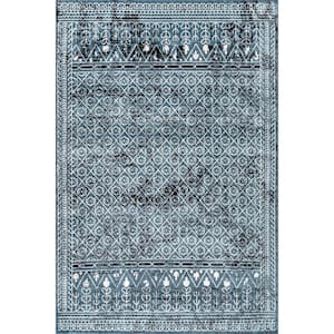 Prestyn Machine Washable Faded Tribal Trellis Blue 3 ft. 3 in. x 5 ft. Accent Rug