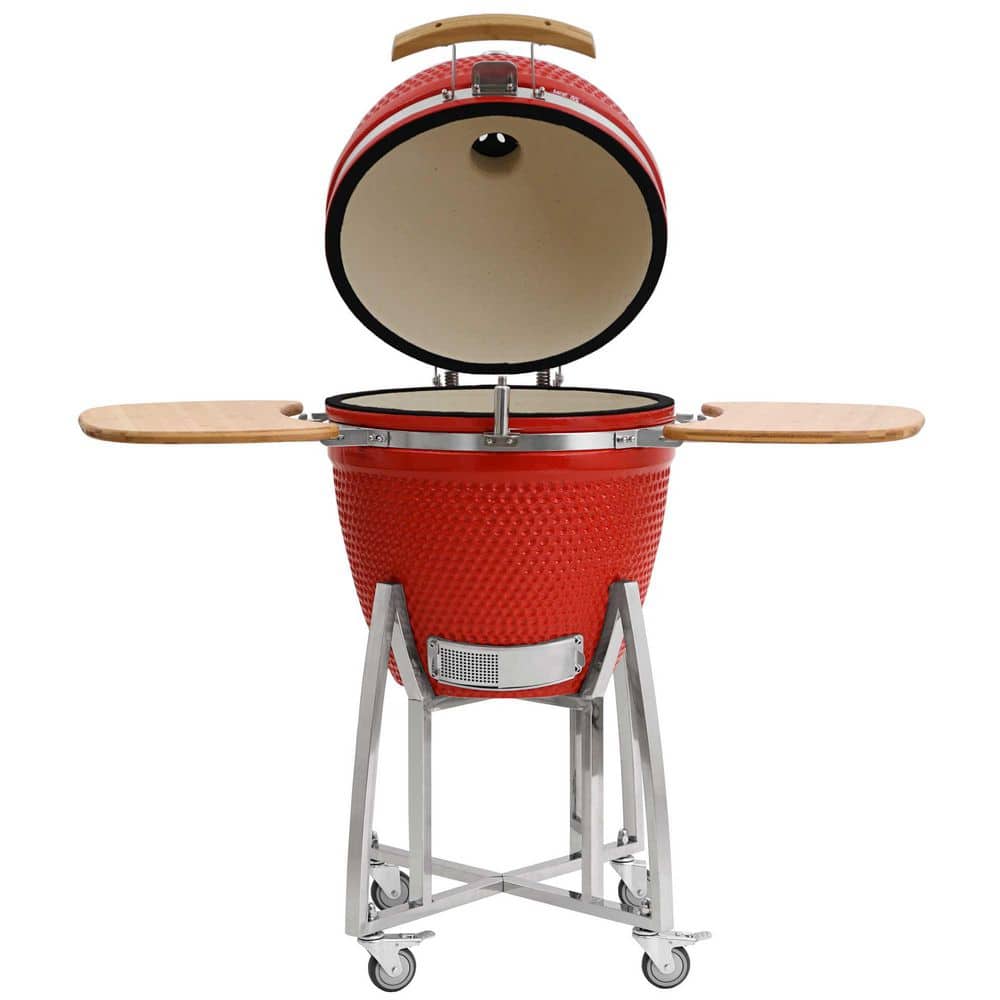 21 in. Comfortbilt Kamado Charcoal Grill in Red with Folding Side Tables