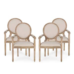 Huller Beige and Natural Wood and Fabric Arm Chair (Set of 4)