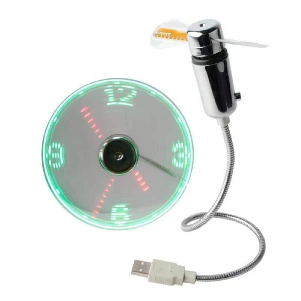 Mini USB Luminous Clock 4 in. 1 fan speeds Pedestal Fan in Silver, Portable