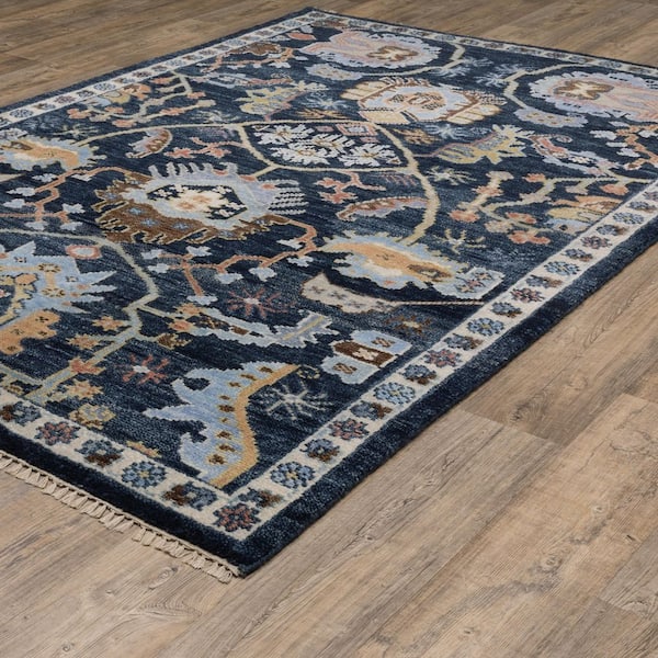 Majestic Blue/Multi 9 ft. x 12 ft. Vintage Oriental Floral Hand-Knotted Wool Fringed-Edge Indoor Area Rug