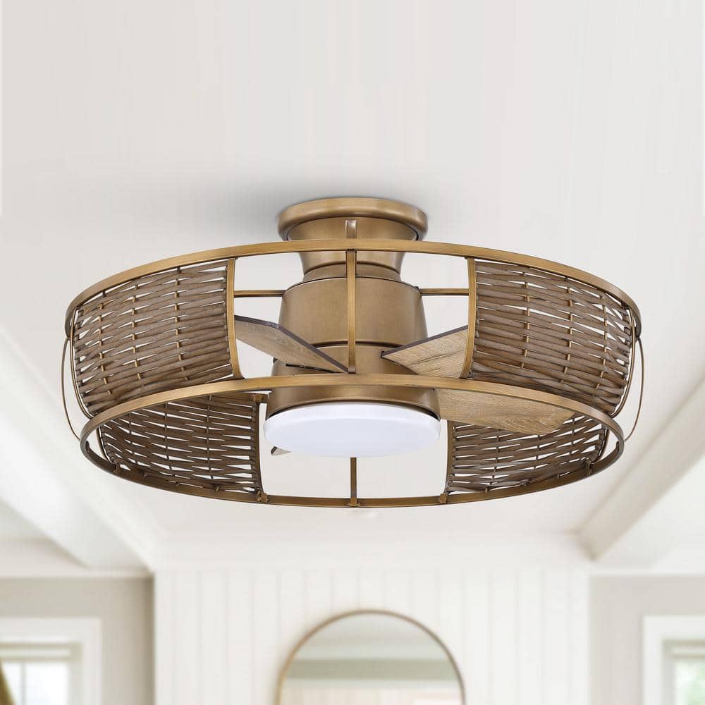 Natural Brass Rattan Flush Mount Ceiling Fan with LED Light and Remote