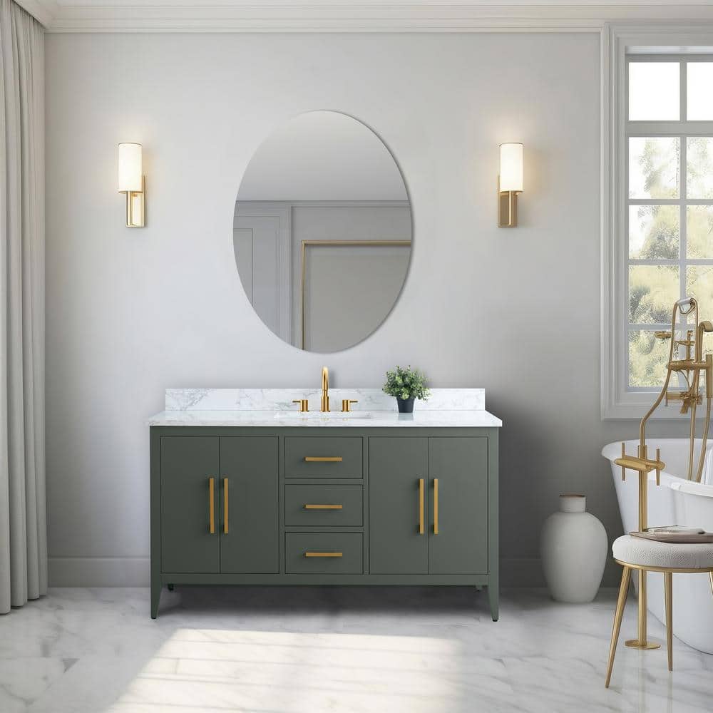 Vintage Green 60" Poplar Wood Single Sink Bathroom Vanity with Engineered Marble Countertop