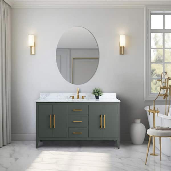 Vanity Art 60 in. W x 22 in. D x 34 in. H Single Sink Bathroom Vanity Cabinet in Vintage Green with Engineered Marble Top in White