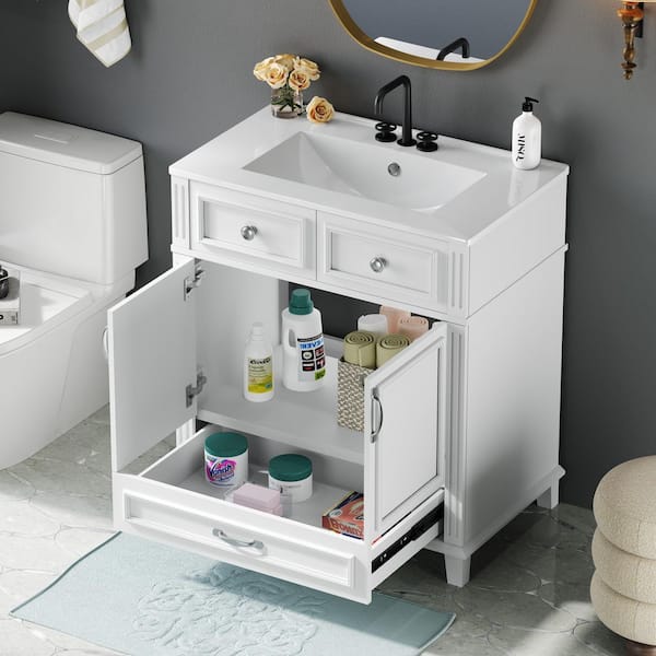 30 in. W Single Sink Freestanding Bath Vanity in White with White Ceramic Top and Soft Closing Doors