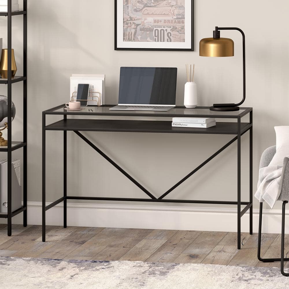 Sleek Blackened Bronze Desk with Tempered Glass Top and Metal Shelf