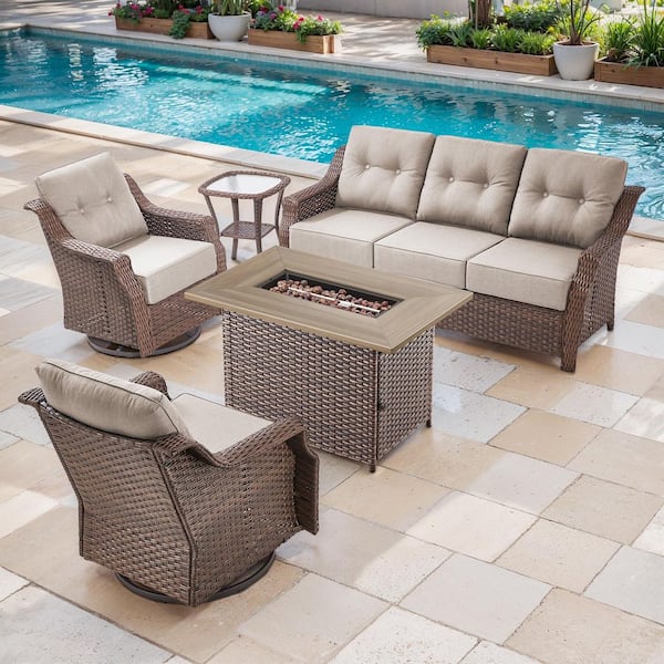 Artisan Brown 5-Piece Wicker Outdoor Patio Fire Pit Conversation Set with Beige Cushions and Swivel Gliders