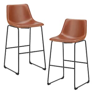 30 in. Brown Low Back Metal Frame Counter Height Bar Stool with Faux Leather Seat (Set of 2)