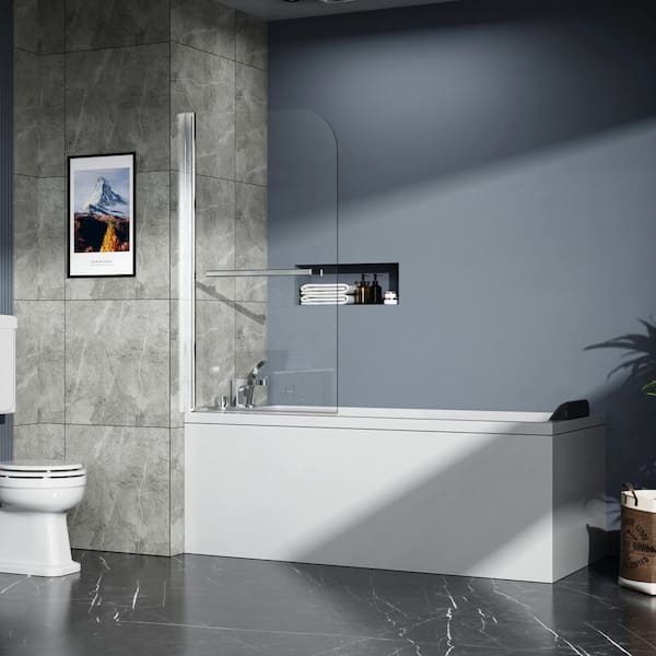 JimsMaison 31 in. W x 55 in. H Fixed Tub Door in Silver Chrome with Clear Glass