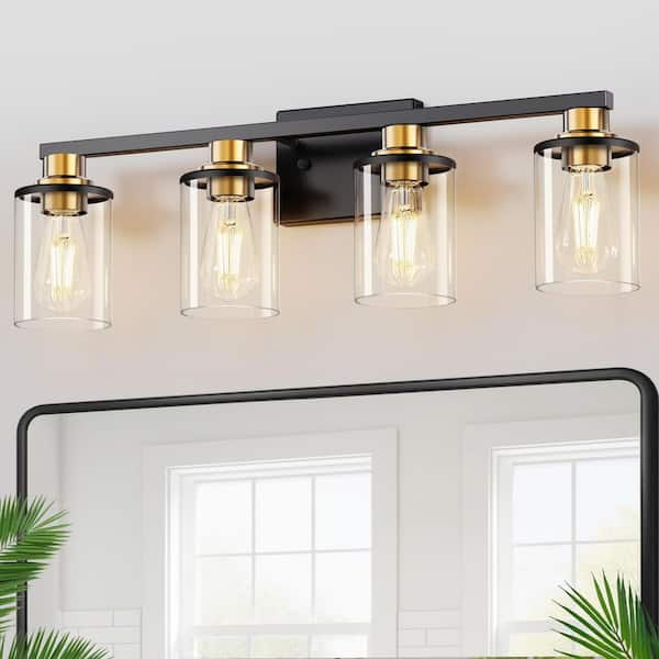27.2 in. 4 Light Black and Gold Vanity Light with Clear Globe Glass Shades and Square Backplate for Bathroom