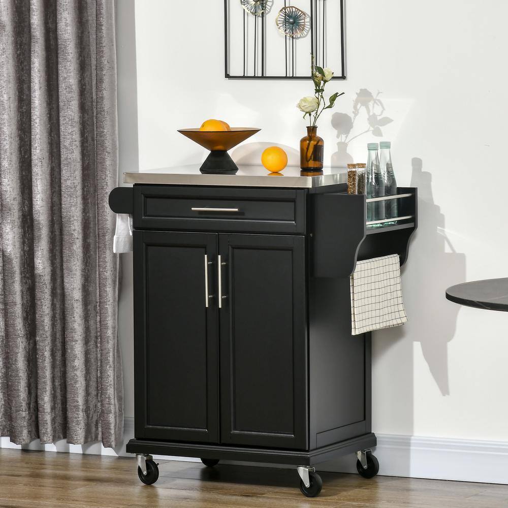 Black Stainless Steel Kitchen Cart with Spice Rack and Storage