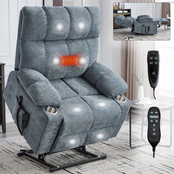 Blue Chenille Polyester Massage Chair Power Lift Recliner Chair with Massage and Lumbar Heating Dual Cup Holders