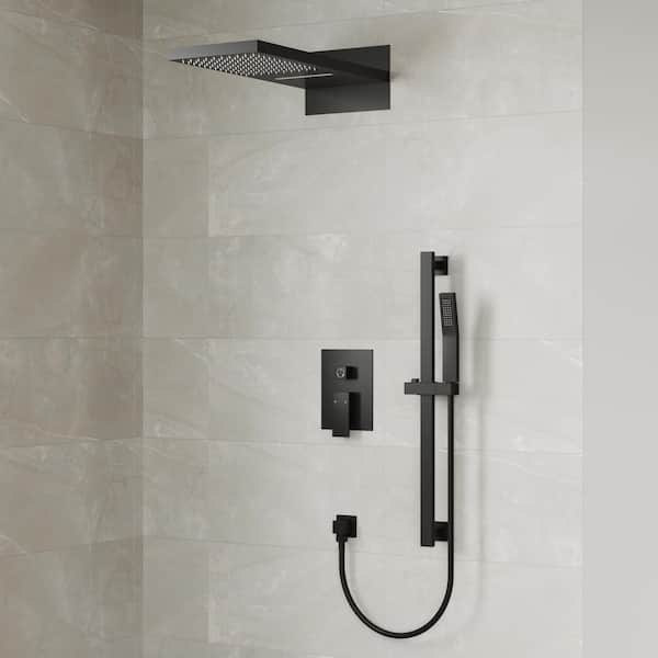 EVERSTEIN 3-Spray 22 in. Wall Mount Rain and Waterfall Dual Fixed and Handheld Shower Head 2.5 GPM in Matte Black Valve Included