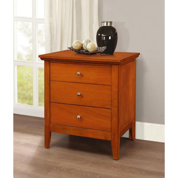 Red Finish, 3 Drawers Nightstand
