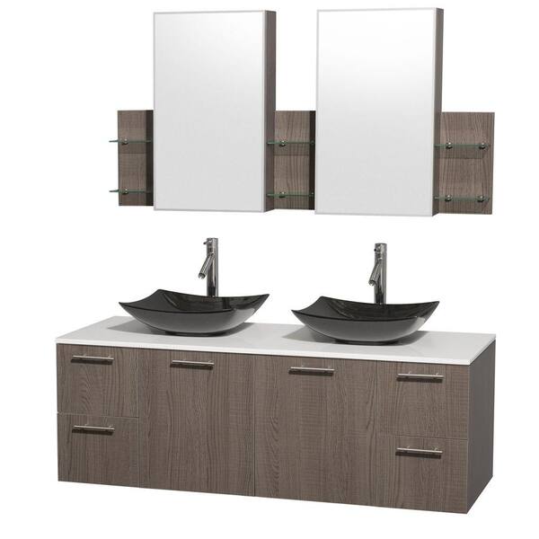 Wyndham Collection Amare 60 in. Double Vanity in Gray Oak with Solid-Surface Vanity Top in White, Granite Sinks and Medicine Cabinet