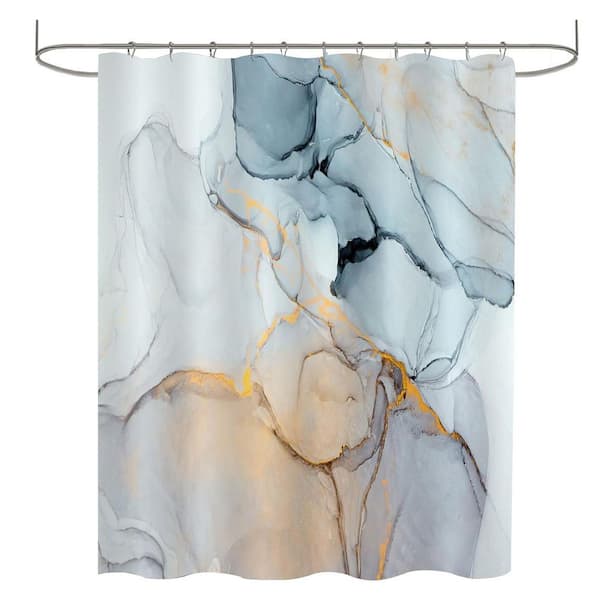 Unbranded Abstract Marble Shower Curtain 71 x 71 Polyester Waterproof Set with Hooks Modern Ink Art Decor in Blue Grey