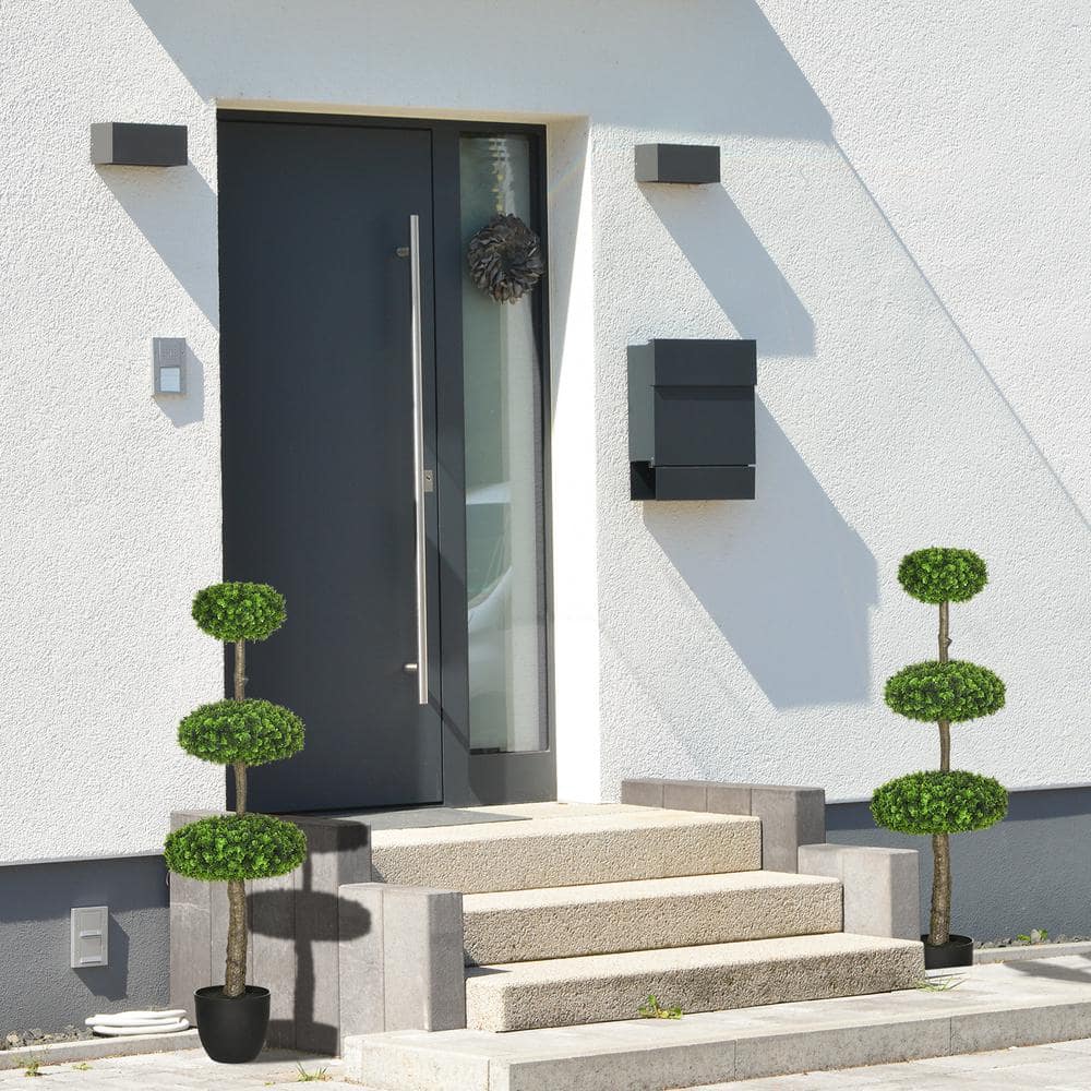 Set of 2 Green Plastic Boxwood Topiary Trees in Black Pots