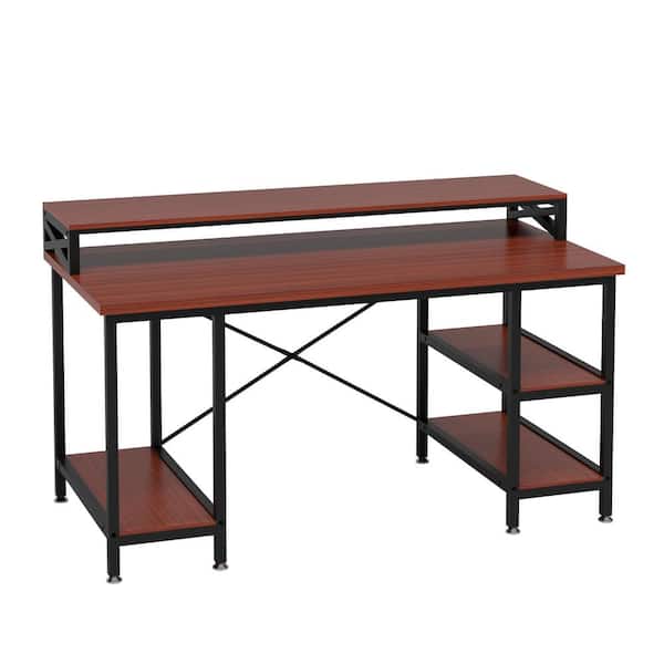 TRIBESIGNS WAY TO ORIGIN Elsas 55 in. Rectangular Black Metal Teak Particle Board Wood Computer Desk with Monitor Stand and Shelf