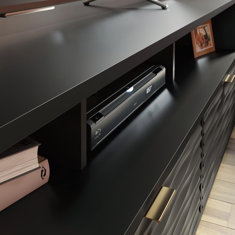 Sauder Morgan Main 85" Black Entertainment Credenza with Wave-Pattern Drawers
