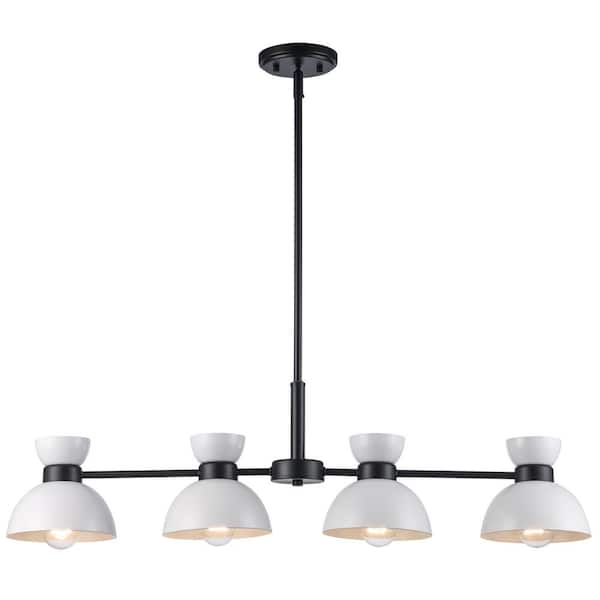 Bel Air Lighting Azaria 4-Light White and Black Kitchen Linear Chandelier Light Fixture with Metal Dome Shades