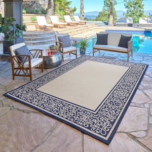 Paseo Tedo Sand and Navy 6 ft. x 9 ft. Border Indoor/Outdoor Area Rug