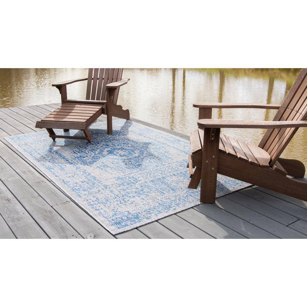 Blue Rectangular Stain-Resistant Outdoor Rug