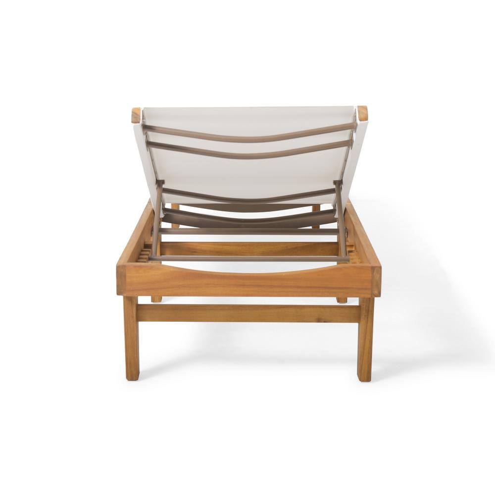 Teak and White Mesh Armless Adjustable Outdoor Chaise Lounges, Set of 2