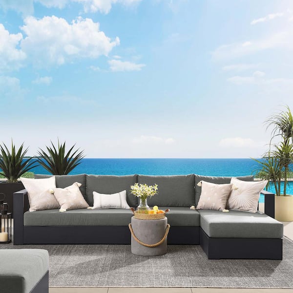 Tahoe Outdoor Patio Powder-Coated Aluminum 3-Piece Right-Facing Chaise Sectional Sofa Set in Gray Charcoal