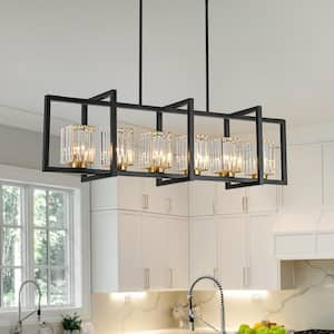 Ferrill 6-Light Modern Kitchen Island Light Black and Gold Industrial Linear Chandelier with Crystal Shades