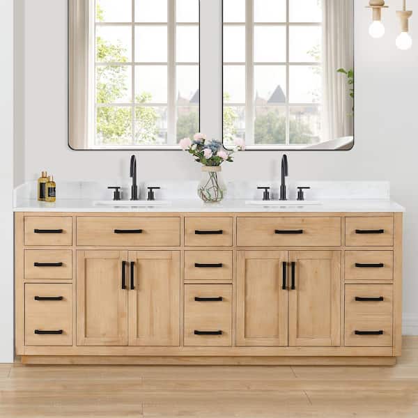 Gavino 84 in.W x 22 in.D x 34 in.H Bath Vanity in Light Brown with Grain White Composite Stone Top