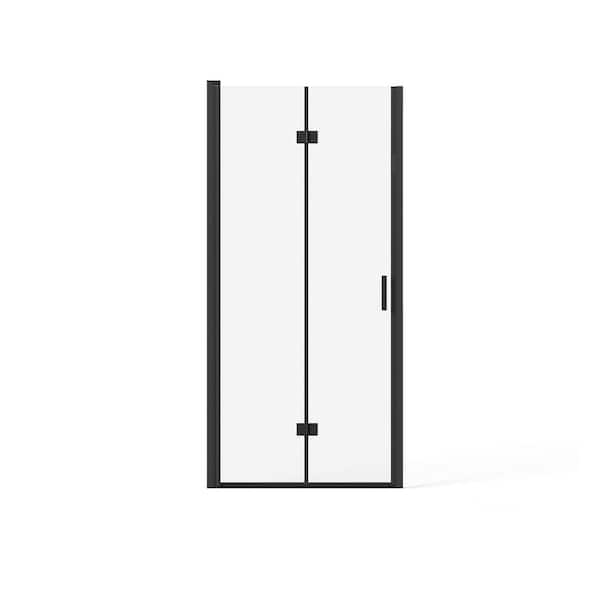 Boosicavelly 35 in. W x 72 in. H Bifold Semi-Frameless Shower Door in Black Finish with Clear Glass with White Shower Base