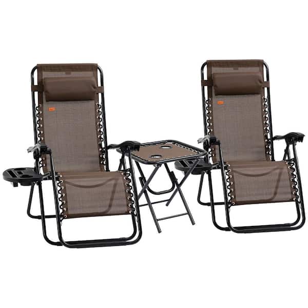 Unbranded Brown Zero Gravity Chair Set with Side Table, Folding Reclining Chair with Cupholders and Pillows for Pool,Backyard,Lawn
