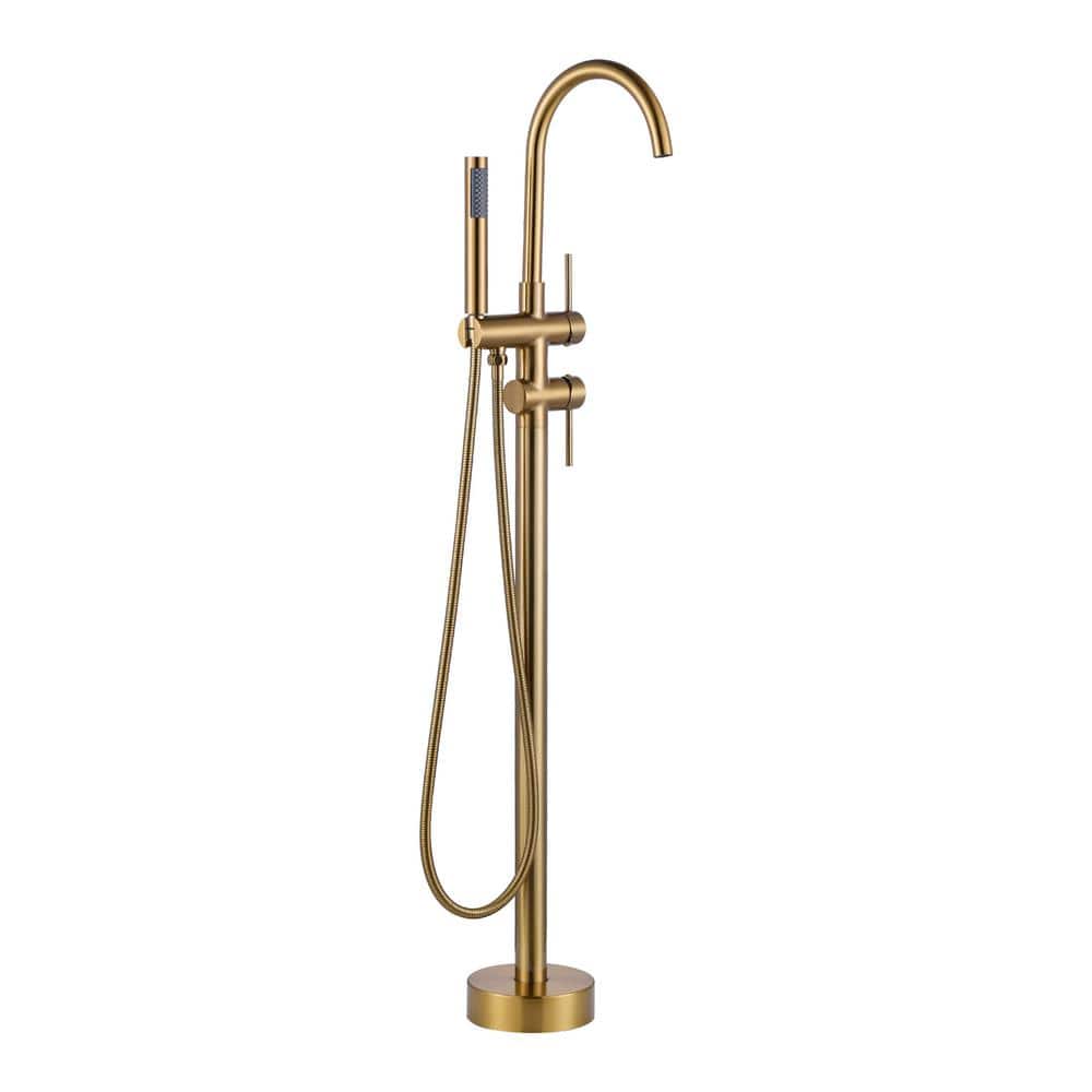 2-Handle Freestanding Tub Faucet with Hand Shower in Brushed Gold