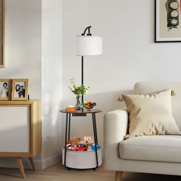 62 in. Rustic Walnut Modern 1-Light Dimmable Arc Floor Lamp for Living Room w/ Fabric Drum Shade w/ USB Port and Storage