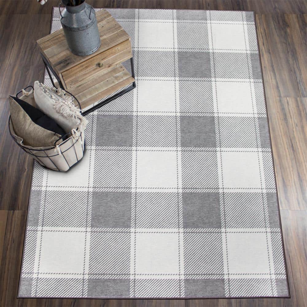 Buffalo Plaid Grey and White 5'x7' Synthetic Washable Rug
