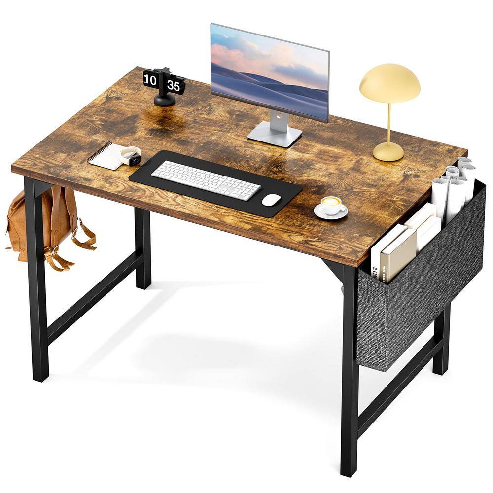 40 in. Rectangular Rustic Brown Computer Desk Home Office Writing Desk with Storage Bag, Hook