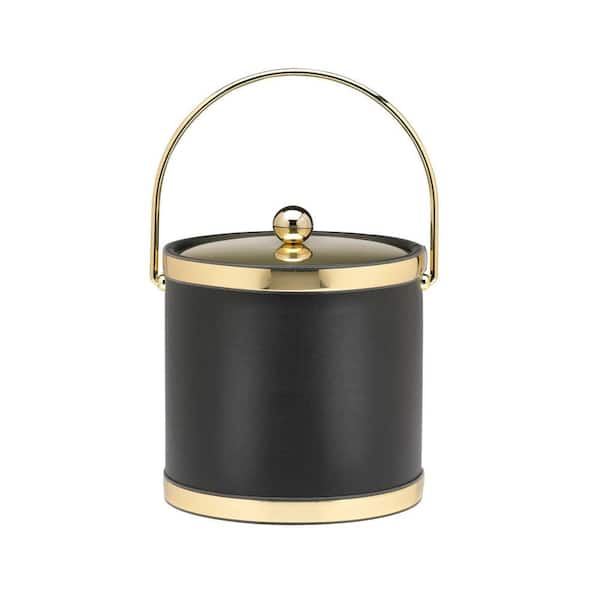 Kraftware Sophisticates 3 Qt. Black w/Polished Brass Ice Bucket with Bale Handle, Metal Cover