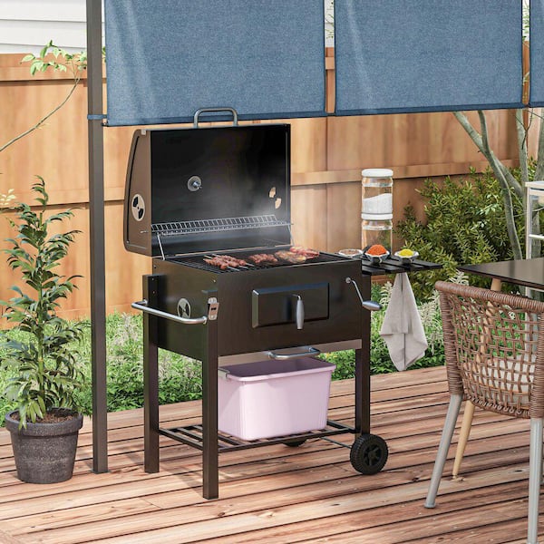 Itopfox Portable Charcoal Outdoor BBQ Grill in Black with with Side Table Bottom Storage Shelf Wheels and Handle