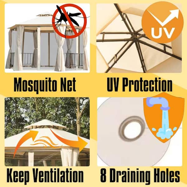 13 ft. x 13 ft. Patio Gazebo, Double Roof Hexagon Canopy Shelterwith Netting and Curtains, Solid Steel Frame