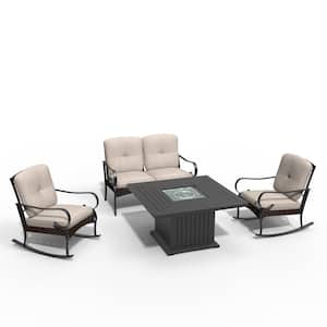 Bertram Black 4-Piece Aluminum Patio Fire Pit Conversation Sofa Set with Beige Cushions