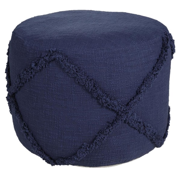 Unbranded Solid Navy Blue Cotton 18 in. x 18 in. x 14 in. Textured Decorative Diamond Pouf Ottoman