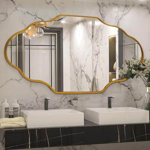 20 in. W x 36 in. H Scalloped Gold Aluminum Alloy Framed Wall Mirror Irregular Decorative Wall Mirror
