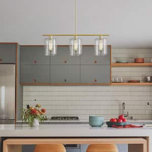 3-Light Gold Modern Kitchen Island Pendant Light Fixtures, Linear Chandelier Hanging Light with Clear Glass Shade