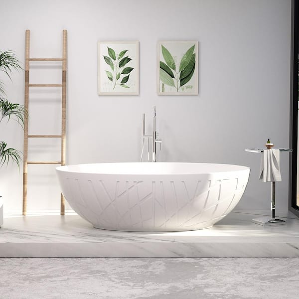 INSTER 67 in. x 41 in. Solid Surface Wide Soaking Freestanding Bathtub with Decorative Lines in White