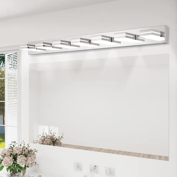 ANGELES HOME 55.1 in. 7-Lights Chrome LED Vanity Light Wall Sconce for Bathroom, Energy-Efficient, Easy to Install