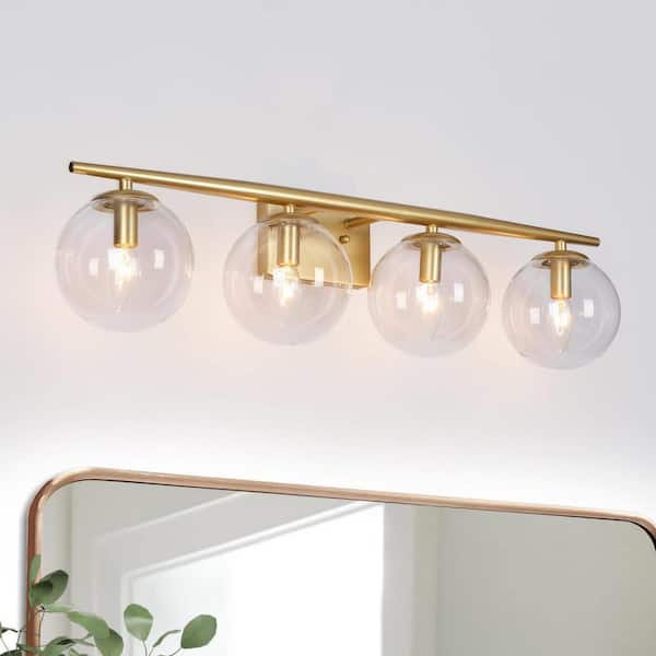 Uolfin 30 in. 4-Light Light Gold Vanity Light with Globe Clear Glass Shades, Mid-Century Modern Bathroom Bar Wall Light
