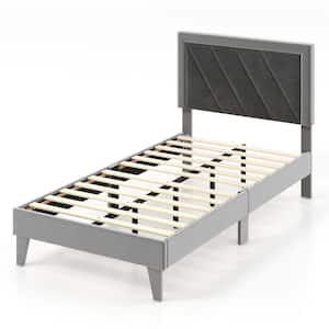 Twin Size Bed Frame Upholstered Platform Velvet Headboard Wooden Slats Gray
