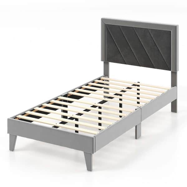 Costway Twin Size Bed Frame Upholstered Platform Velvet Headboard Wooden Slats Gray